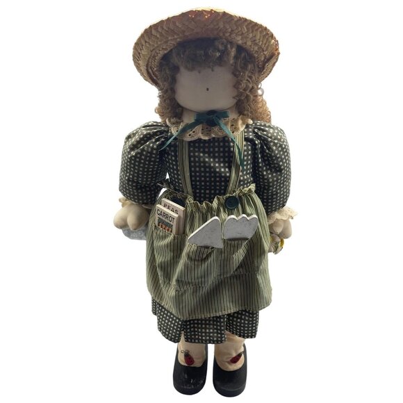 vintage doll country plaid stray hat flowers apron green striped stand 22" READ - Picture 1 of 9